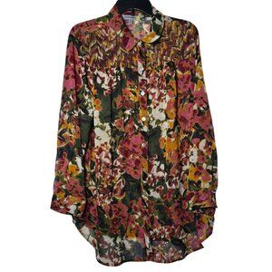 Figueroa & Flower Floral Long Sleeve Button Top Plus 2X Boho Fairy Sheer